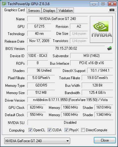 Grafický urýchľovač NVidia GeForce GT 240: špecifikácie, špecifikácie a recenzie